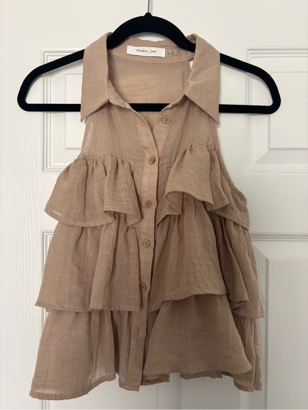 Mustard Seed Sleeveless Tiered Ruffle Button-Front Top - Tan